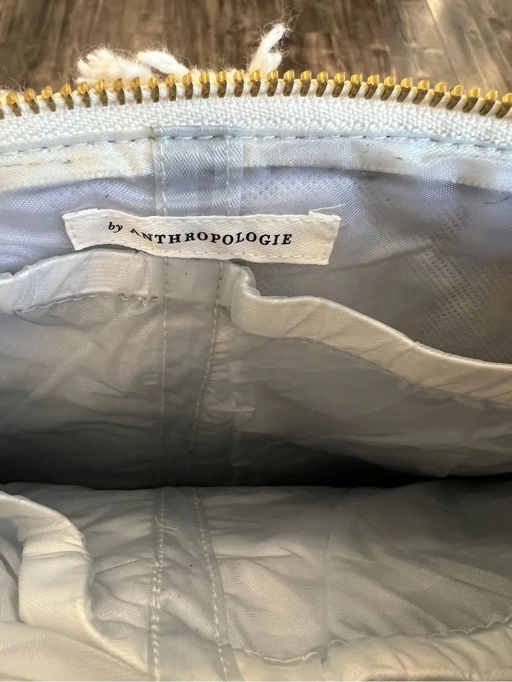 Anthropologie White Quilted Cosmetic Pouch with Gold Zipper